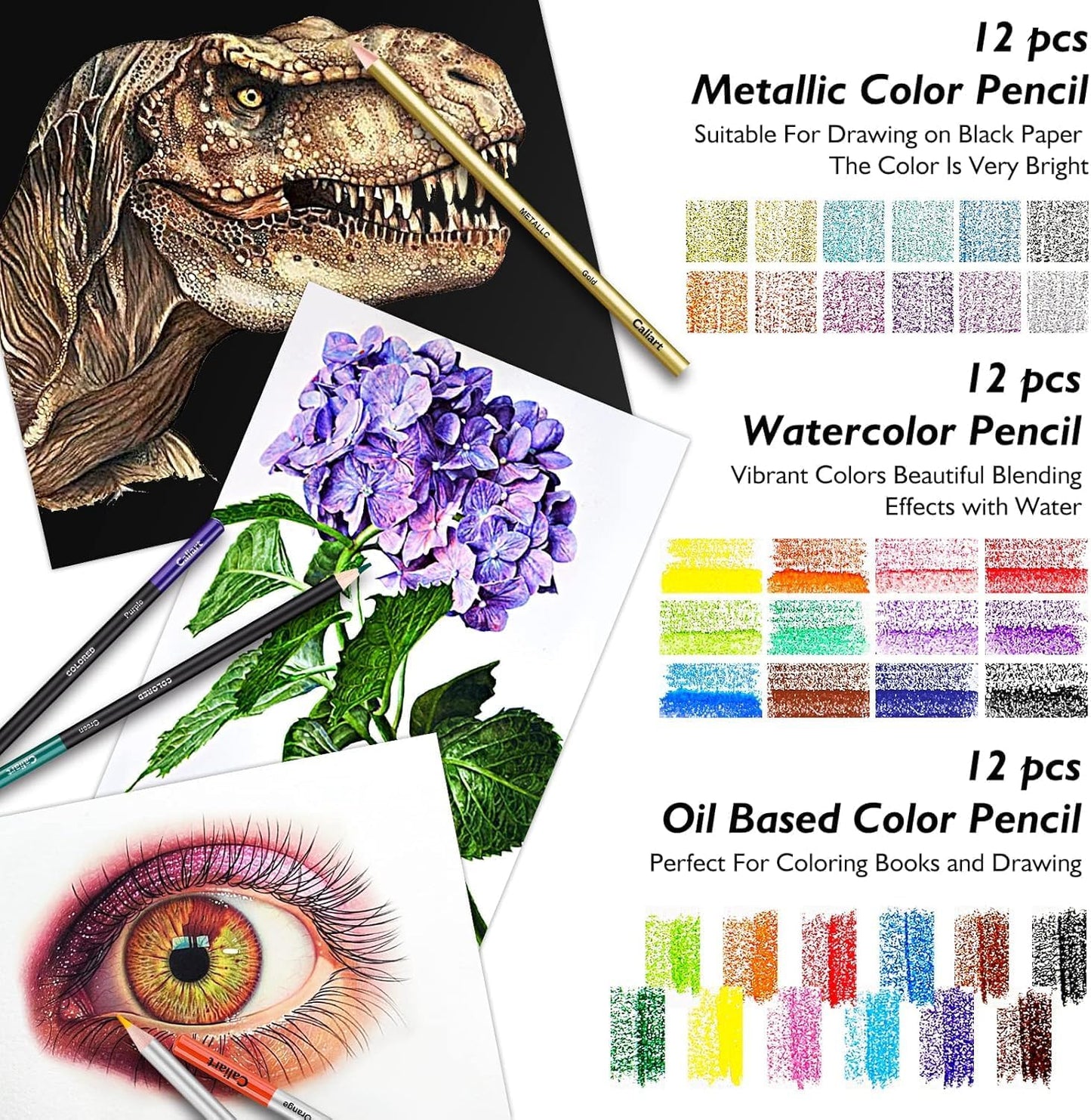 Caliart 176PCS Art Supplies Sketching Kit with 100 Sheets 3-Color Sketch Book, Graphite Colored Charcoal Watercolor & Metallic Pencils, Drawing Supplies Christmas Gifts for Artists Adults Beginners