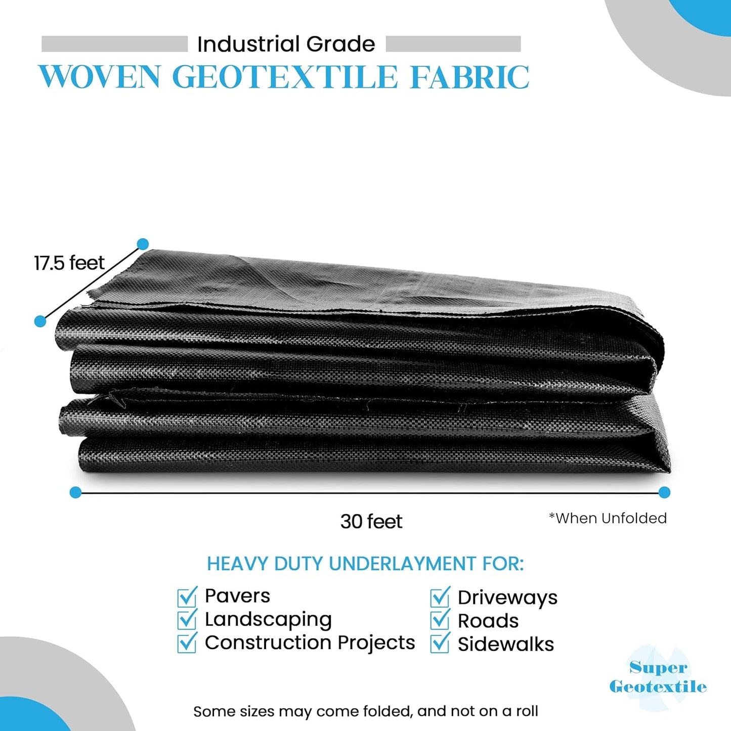 Woven Geotextile Fabric for Driveway and Road Stabilization, Construction Underlayment, Erosion Control, Commercial Grade 50 Year for Gravel Roads and Pavers (17.5x30) Ships Folded