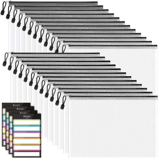 Sooez 24 Pack Mesh Zipper Pouch with Sticky Labels, A4 Mesh Bags Board Game Puzzles Organization Storage, Durable Letter Size File Folders Organizer Teacher School Classroom Office Supplies, Black
