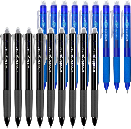 Vanstek 18 Pack Retractable Erasable Gel Pens Clicker, 9 Black & 9 Blue, Fine Point(0.7), Make Mistakes Disappear, Premium Comfort Grip Black & Blue Ink for Writting, Note Taking and Crossword Puzzles
