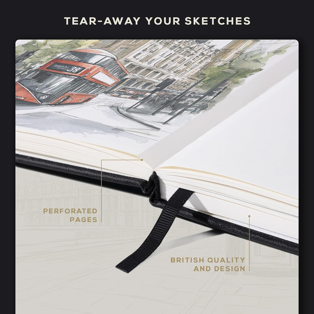 Beechmore Books A3 Sketchbook – 11.7x16.5 Premium Vegan Leather Bound Extra Large Sketch Book Hardcover, 160gsm 160 Perforated Ivory Pages, Blank Sketch Pad, Gift Boxed, Back Pocket, Ribbon Bookmark