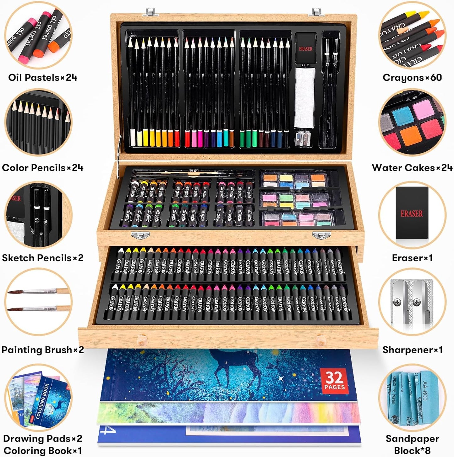 Art Supplies, iBayam 150-Pack Deluxe Wooden Art Set Crafts Drawing Painting Kit with 1 Coloring Book, 2 Sketch Pads, Creative Gift Box for Adults Artist Beginners Kids Girls Boys