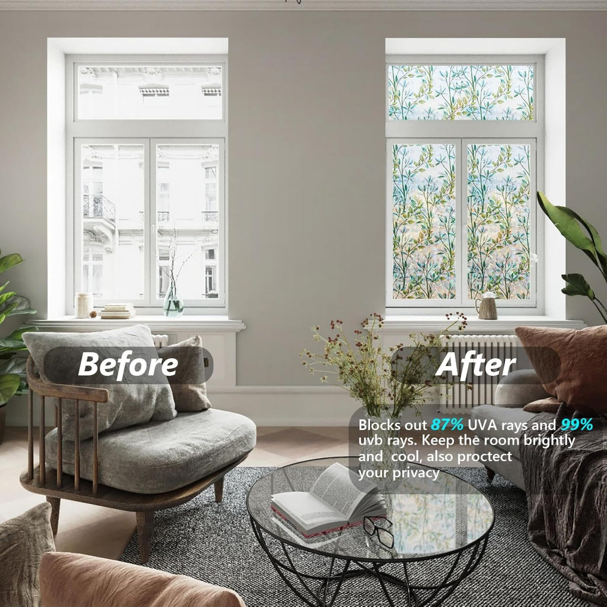 Finnez Window Privacy Film 3D Static Cling Window Film, No Glue Heat Control & 96% UV Blocking for Home Office, Decorative Frosted Glass Cover 23.6 Inch x 13.1 Feet