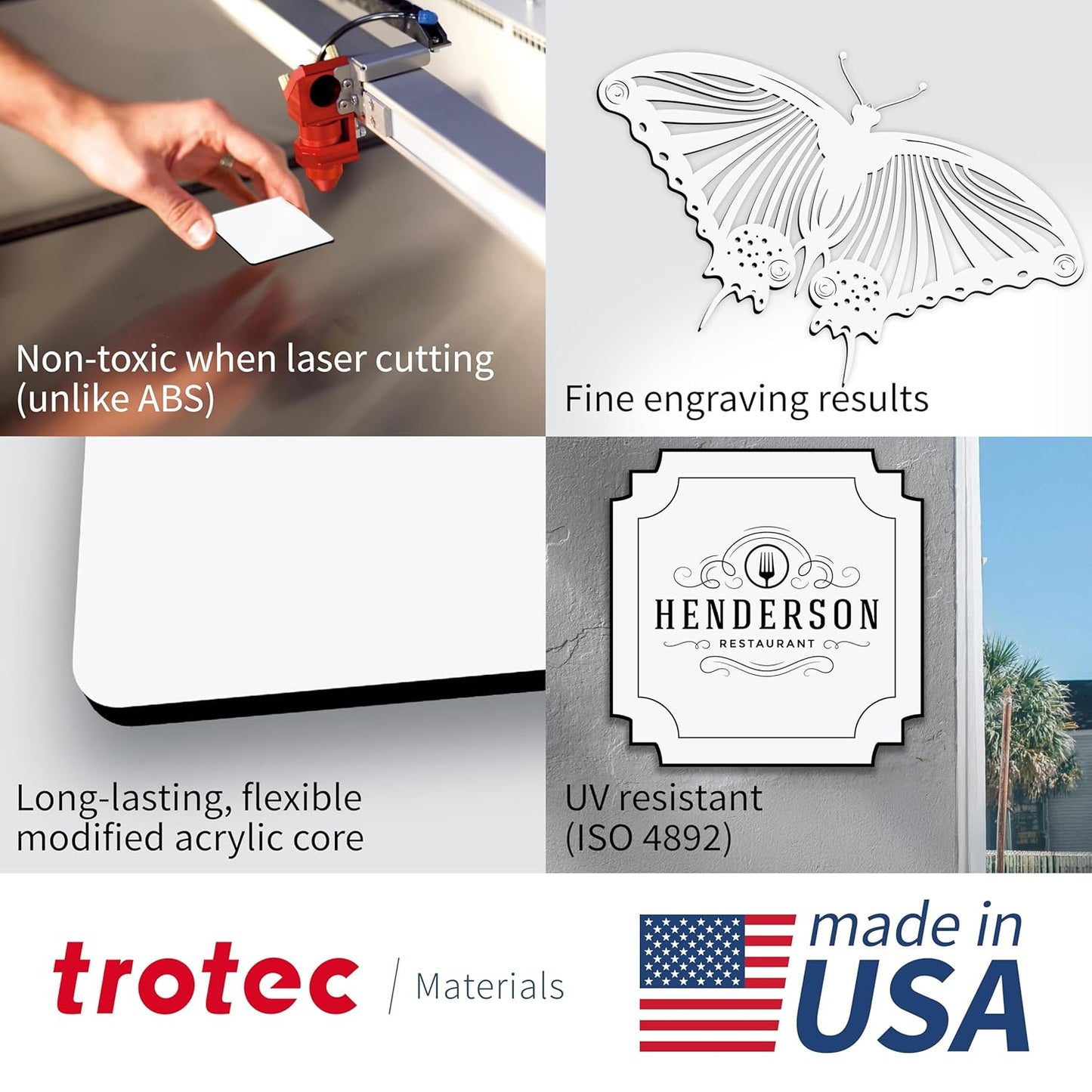 Trotec TroLase | 12"x20"x1/8", 4 Pcs | White/Black | 2 Ply | Modified Acrylic | Laser Engraving Double Color Plastic Sheet | Engraving Blanks for Laser, Saw, Guillotine | Made in USA