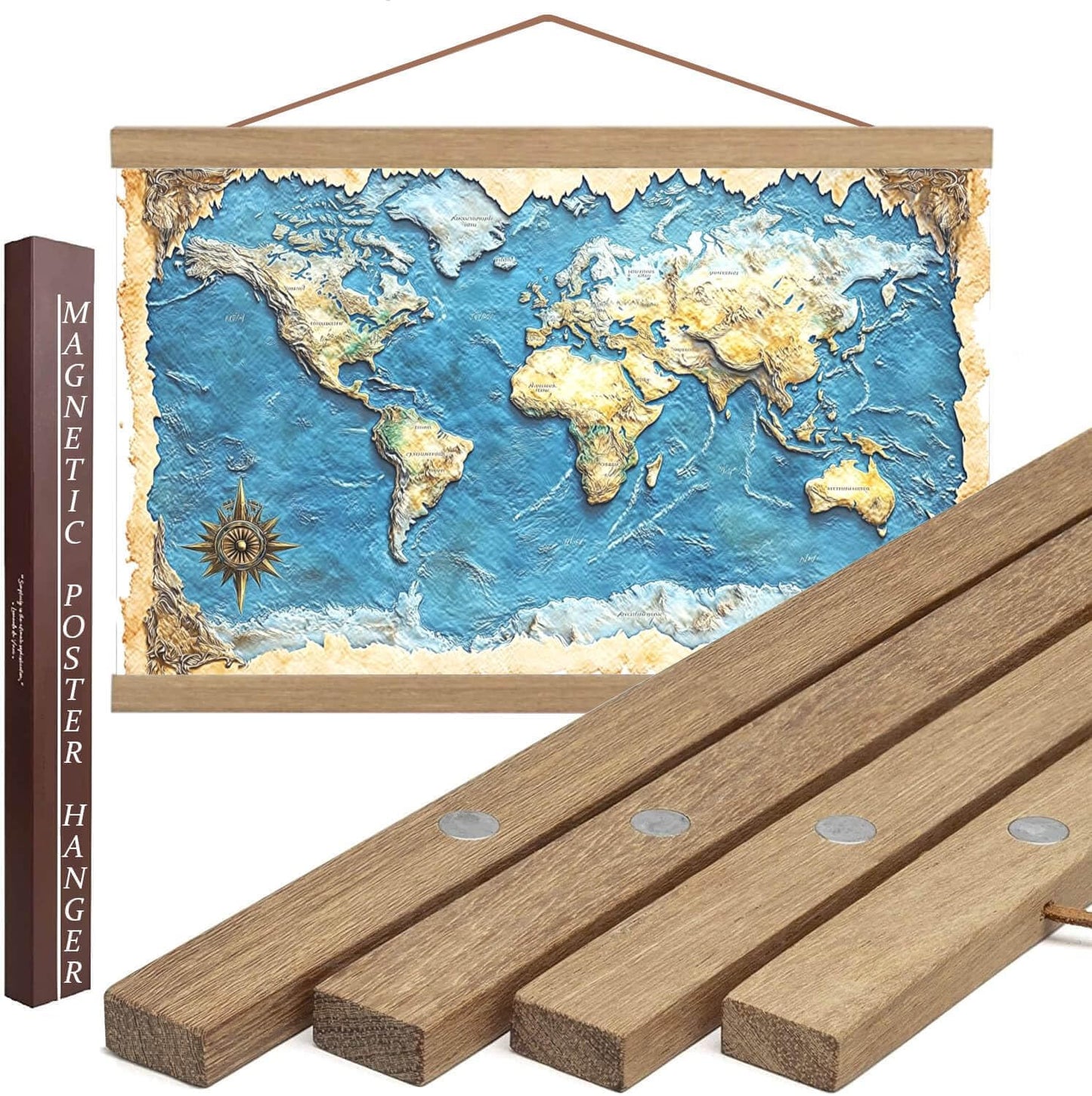 DACRI HOME 48" Sturdy Magnetic Poster Hanger Frame - Teak Wood Poster Frame, Strong Magnets for Safe Hanging Maps Pictures Print Scroll Wall Art (48 Inch, Natural Wood)