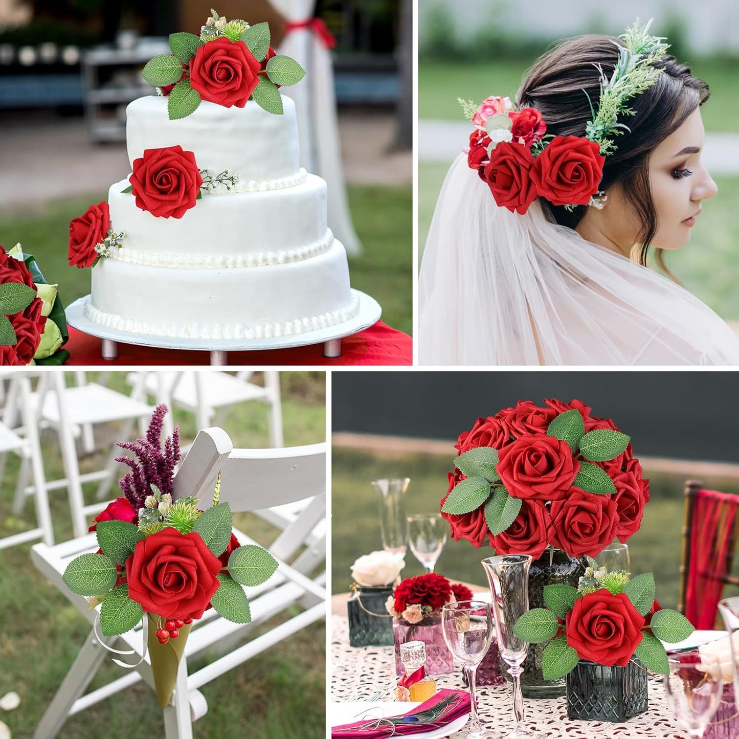 AmyHomie Artificial Flowers Red Rose 50pcs Real Looking Fake Roses w/Stem for DIY Wedding Bouquets Centerpieces Arrangements Party Baby Shower Home Decorations