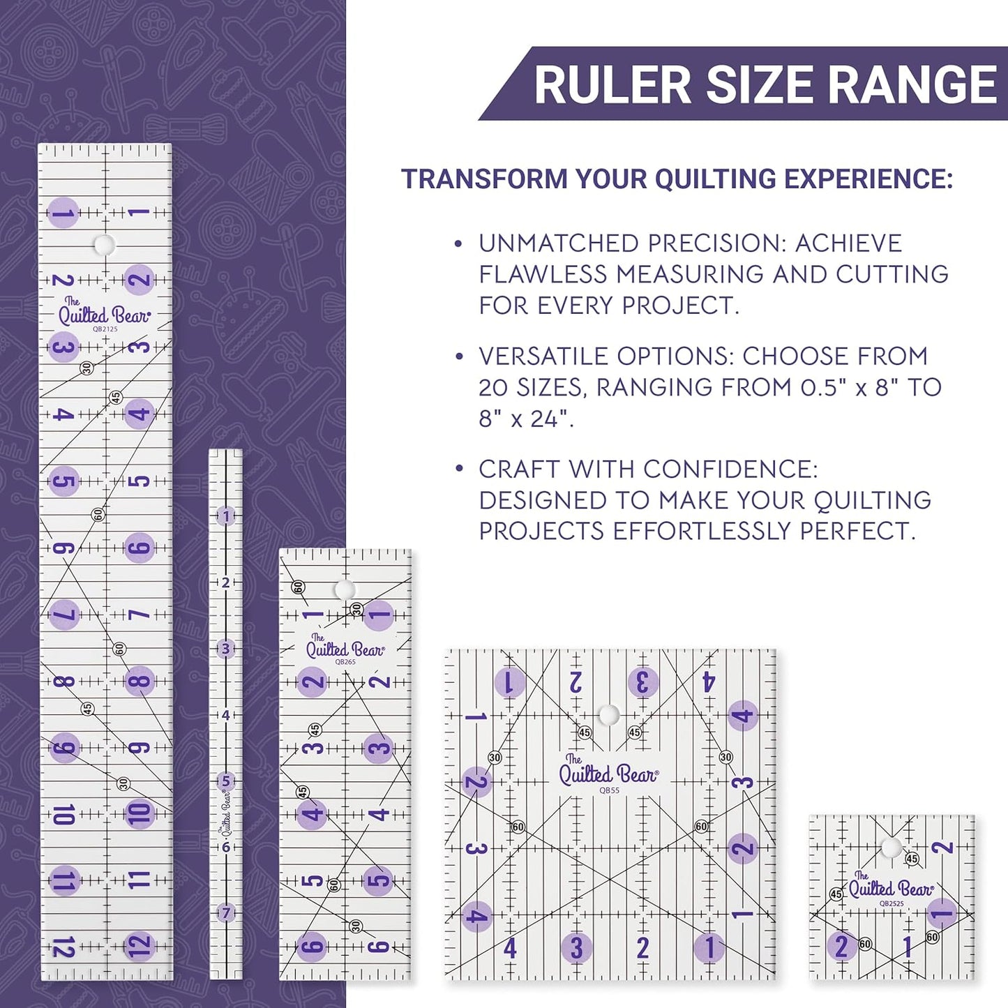 The Quilted Bear Quilting Rulers - Transparent Acrylic Non Slip Quilting, Patchwork & Sewing Ruler with Clear Black Lines & 30, 45 & 60 Degree Angles for Perfect Accuracy & Precision (4" x 4")