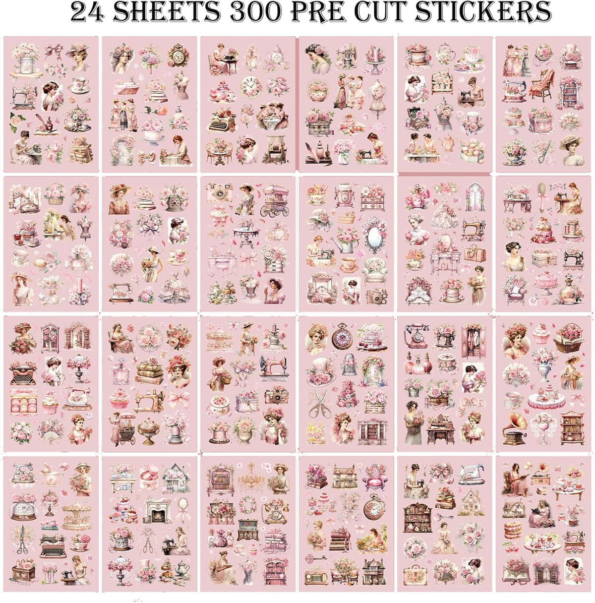 Vintage Ephemera Sticker 24 Sheets precut 300 washi Stickers Paper People Journal Stickers for Adults Junk journaling Sticker Book Scrapbooking Supplies