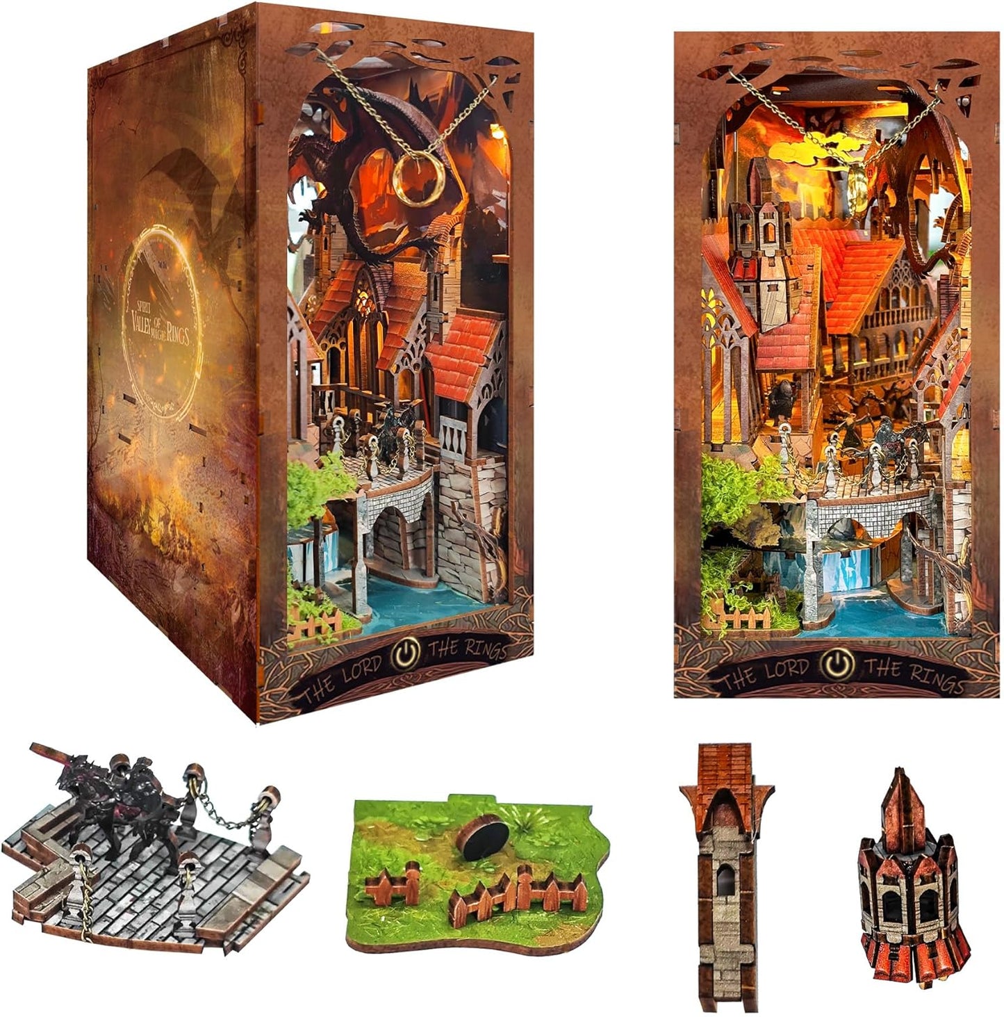 [2025 New] Magic Ring Book Nook Kit with Dust Cover & LED Light, DIY Miniature House Kit Toy, 3D Wooden Puzzle Bookshelf Decor Building Kit, Birthday Gifts for Family & Friends