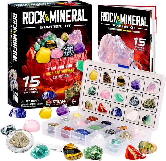 XXTOYS Rocks Collection - 15-Piece Rock Collections for Kids - Cool Geology Gem Kit with Identification Sheet - Gemstones Set Box with Learning Guide and Storage Case - Educational Gift for Kid