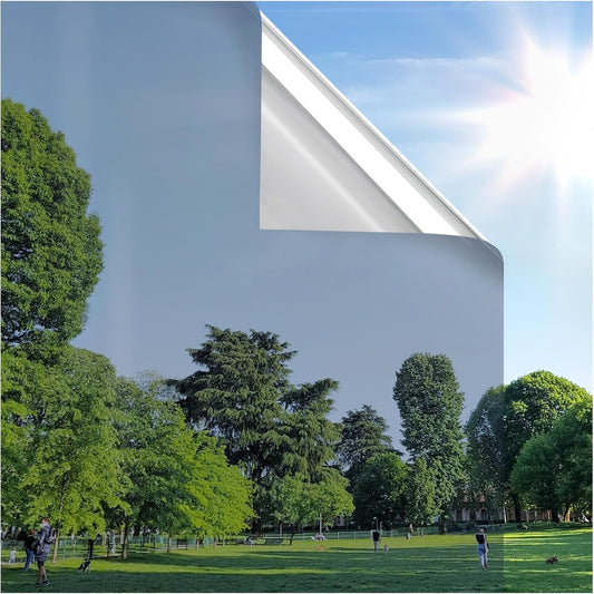 rabbitgoo Window Privacy Film One Way Window Tint for Home, Removable Reflective Heat Sun Blocking Anti UV Glass Door Covering, Mirror Tinting Film House Office, 29.5 in X 6.5 Feet, Silver