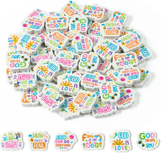 60Pcs Christian Inspirational Mini Eraser Back to School Inspirational Faith Over Fear Pencils Erasers Colorful Sun Bee Flowers 3D Desk Puzzle Erasers Pet for Student Back to School Supplies