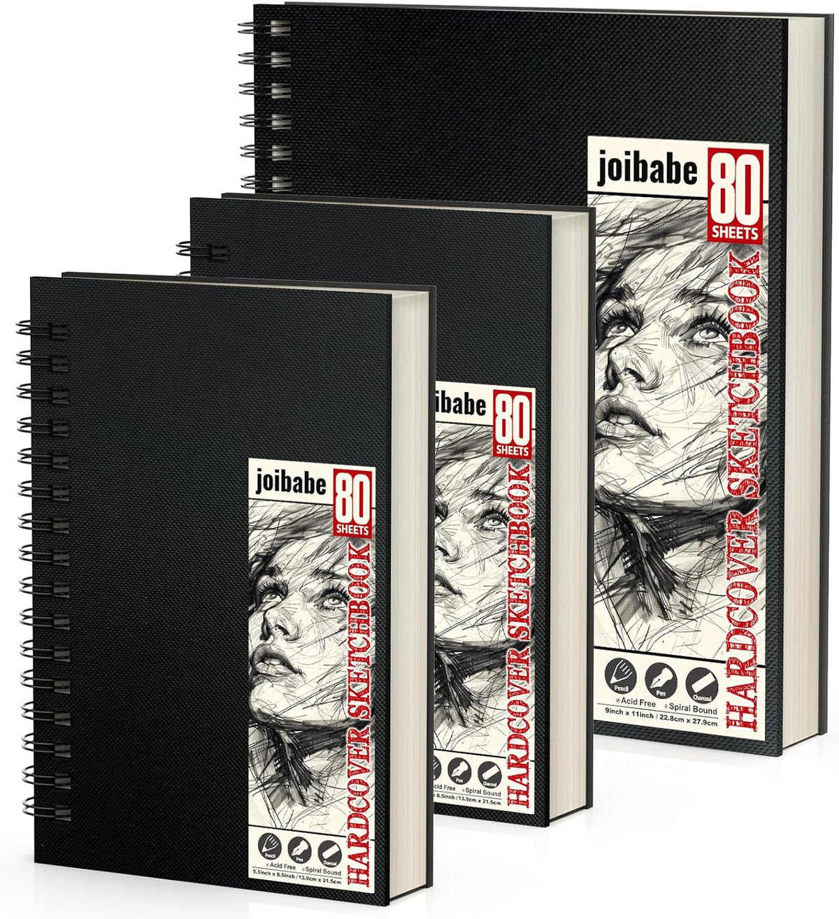 2PACK 5.5x8.5 and 1Pack 9 x 11 inches Hardcover Sketch Book，3 Pack 80-Sheets (68lb/100gsm)，Double-Sided Hardbound Sketchbook, Spiral Bound,Acid Free Painting Art Paper for Kids and Adults