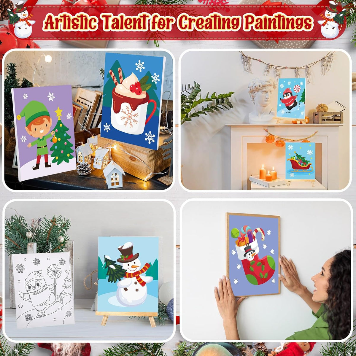 Zhanmai 12 Pack Pre Drawn Canvas for Painting Sip and Paint Kit 8" x 10" Paint Party Set Canvas Painting Pre Printed Canvases for Party Favor DIY Virtual Adult's Date Night(Santa)