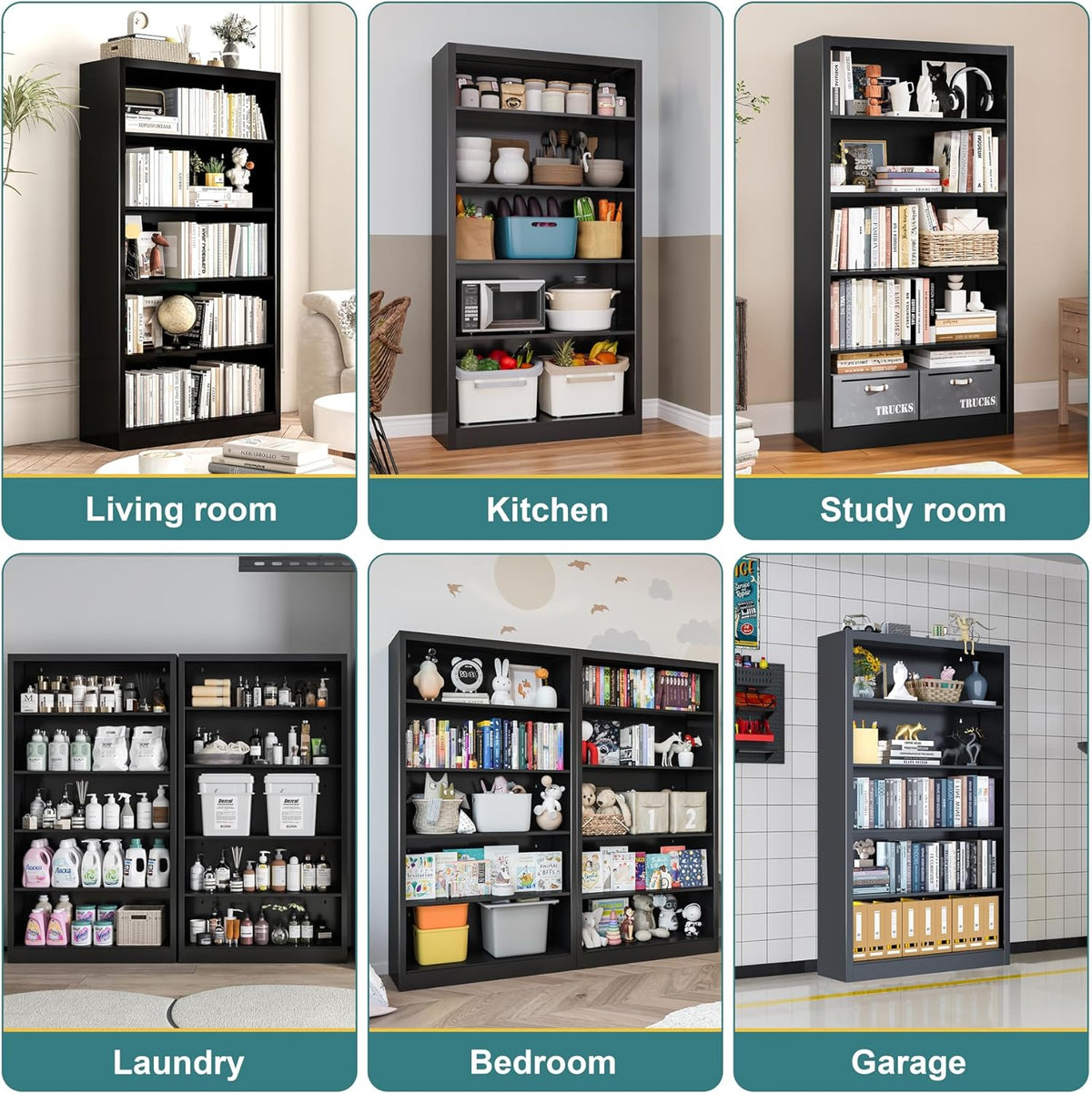 Heavy-Duty Metal Open Storage Cabinet with Adjustable Shelves, 5-Tier Shelving Unit, Easy Assembly Freestanding Organizer for Garage, Pantry,Office, Living Room (Black, 5 Tier-55"H x 27.6"W x 11.8"D)