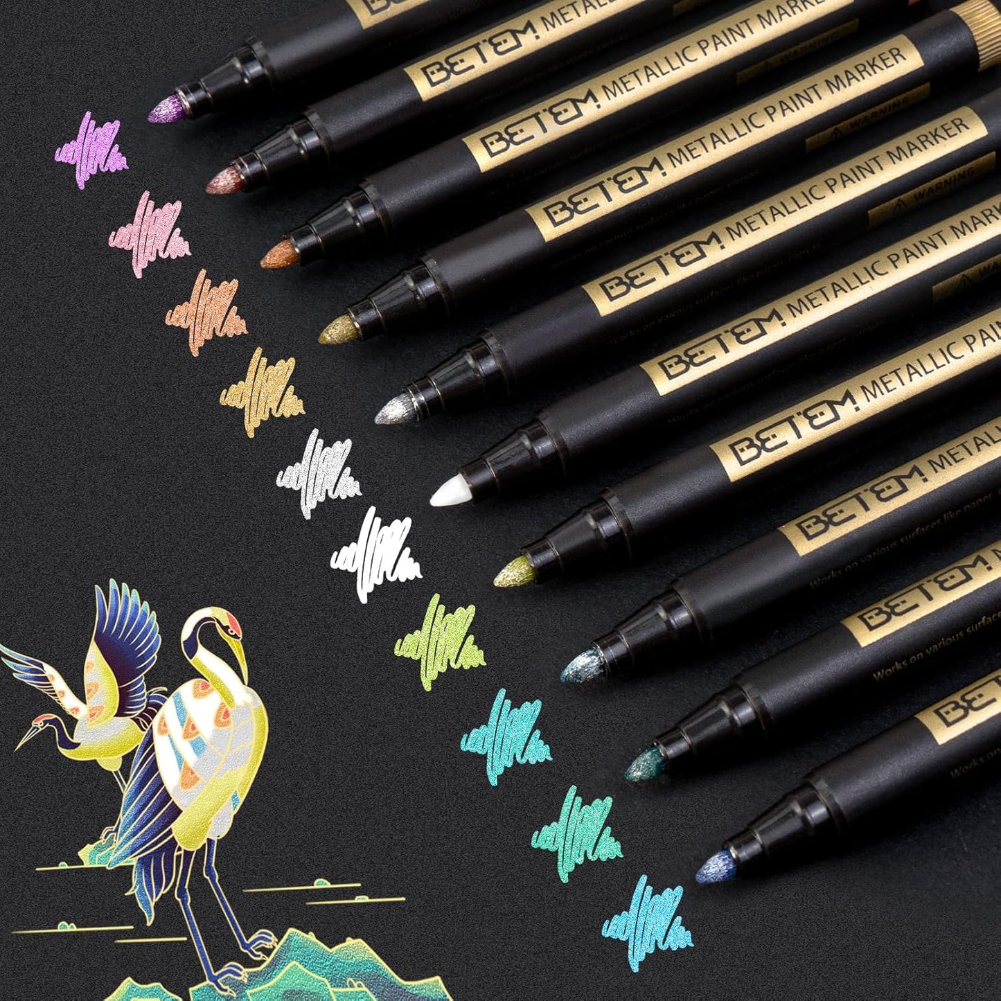 Betem Metallic Paint Markers, 10 Colors Acrylic Paint Metallic Markers for Black Paper, 2mm Medium Tips Glitter Pens Scrapbooking Supplies, Pumpkin Painting Kit for Rock Painting, Cards, Photo Albums
