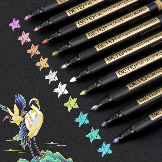 Betem Metallic Paint Markers, 10 Colors Acrylic Paint Metallic Markers for Black Paper, 2mm Medium Tips Glitter Pens Scrapbooking Supplies, Pumpkin Painting Kit for Rock Painting, Cards, Photo Albums
