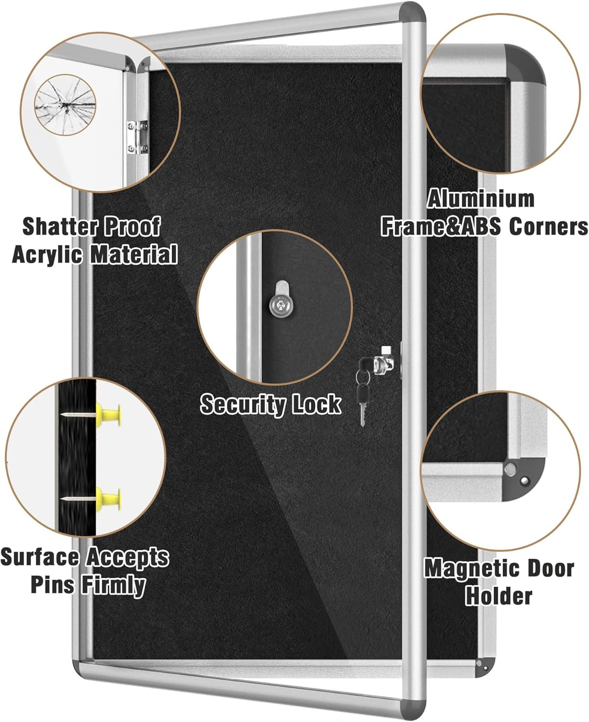 36"x24" Enclosed Bulletin Board, Lockable Weather-Resistant Aluminum Cork Noticeboard for School & Office, Silver Frame w/Black Flet