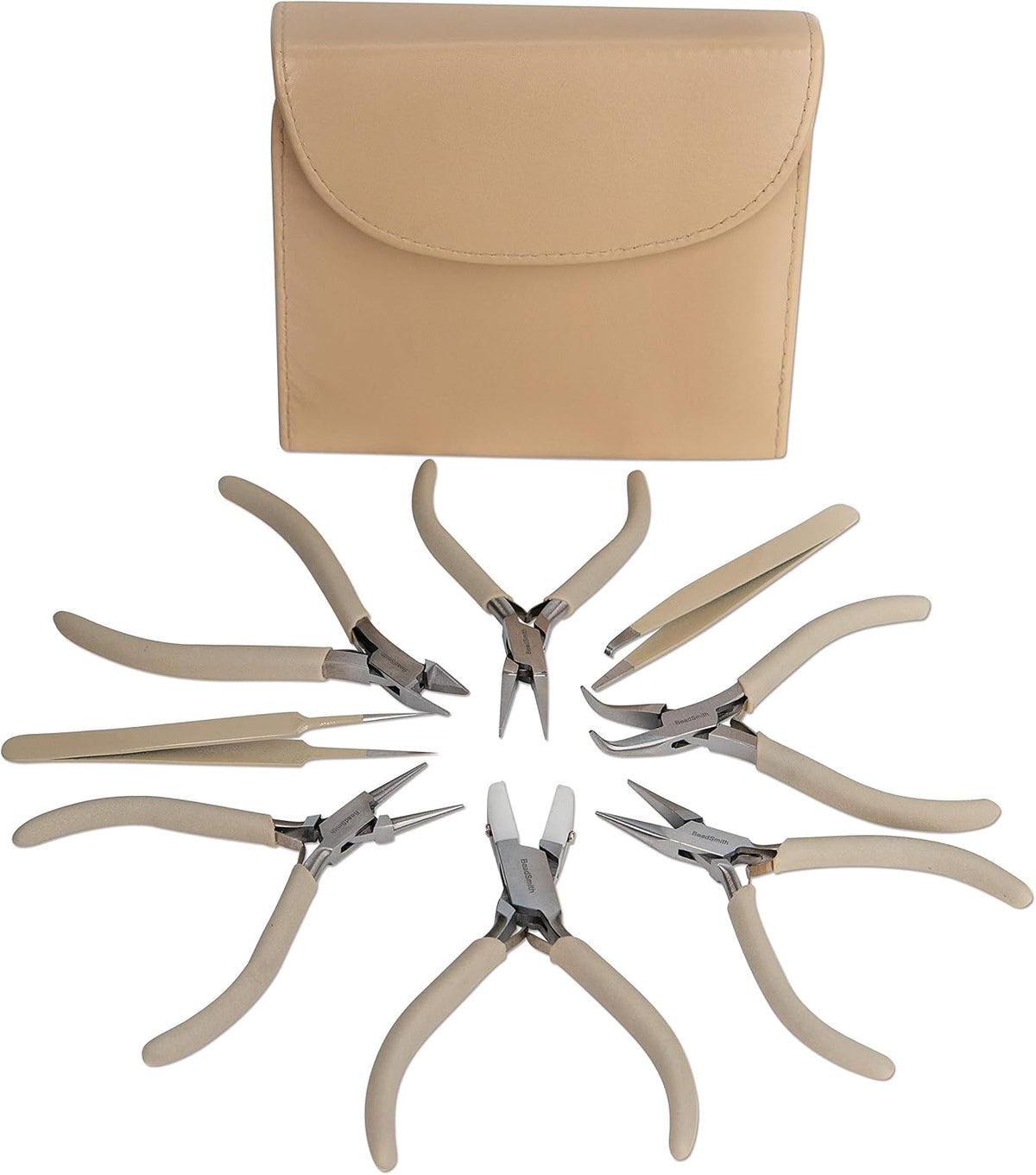 The Beadsmith Fashion Color Pliers – Set of 8 Slimline Color-Coordinated Tools – Matching Clutch in Beige – Jewelry Making Supply Kit to Create Necklaces, Bracelets, Earrings & More