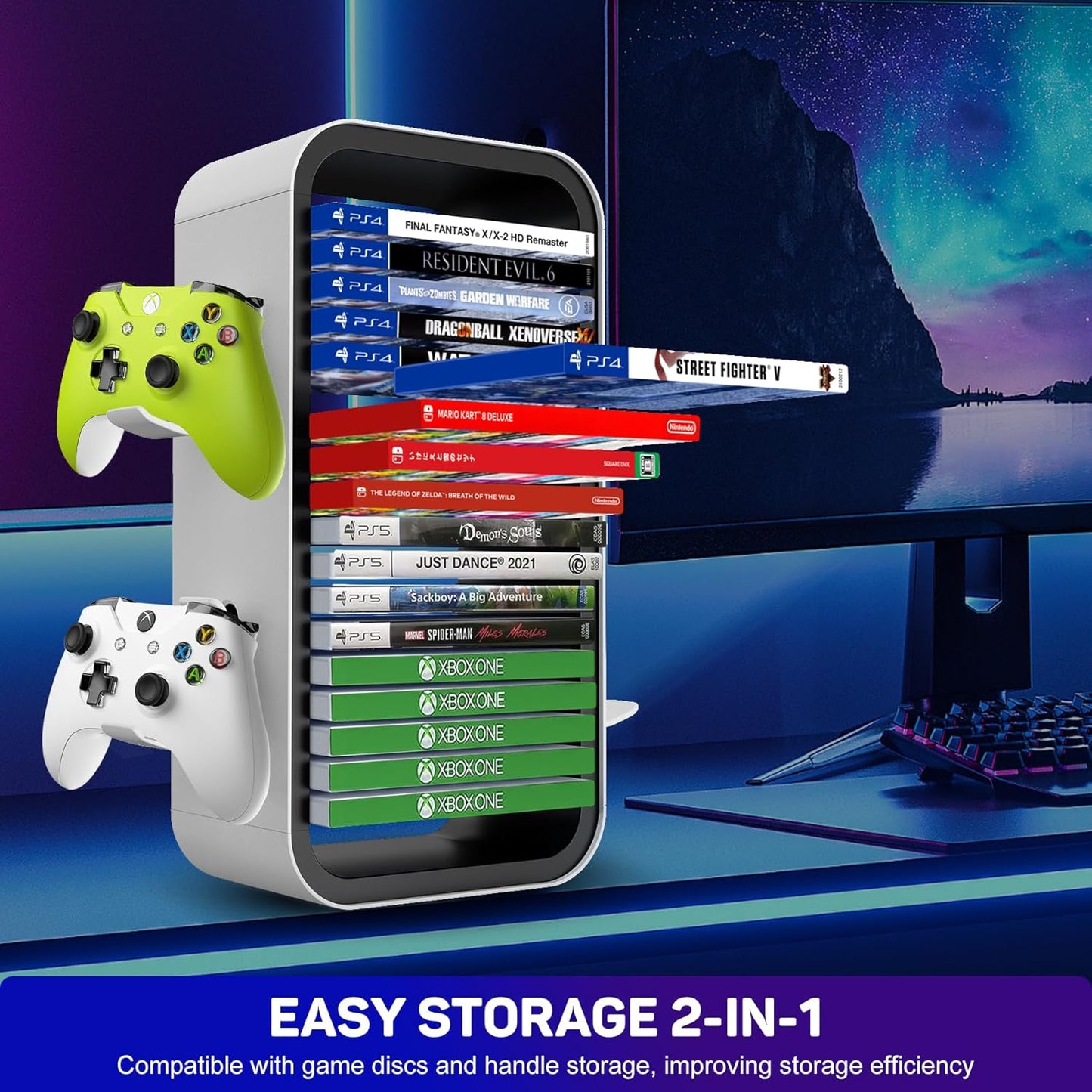 wigmoa OYO-1【15.8INCH】 game Storage Tower Compatible with PS5/ Xbox Series S & X/Switch, Universal Video Games Discs Organizers 18 PCS with 4 Controllers Holder, Game Disk Box Stand.(White/Black)