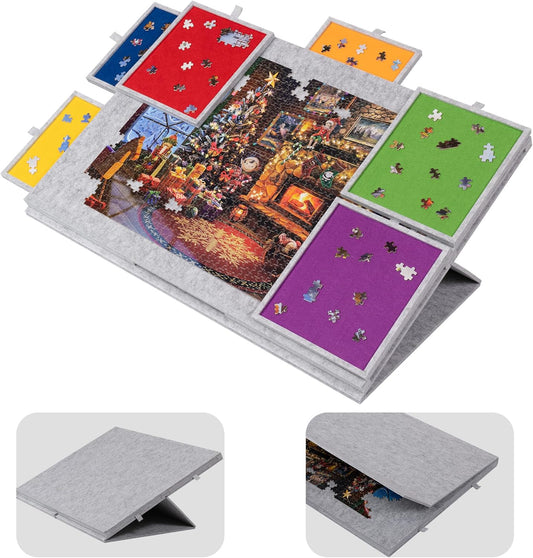 Lavievert 1500 Piece Tilting Puzzle Board with 2-in-1 Designed Stand & Cover, Lightweight Felt Mat Plateau with 6 Colored Drawers, Portable Jigsaw Puzzle Table with Storage for Adults (Light Gray)