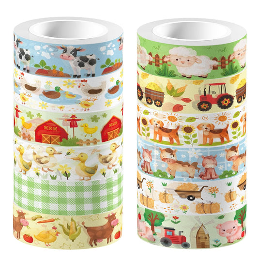 12 Pcs Farm Animals Washi Tape Farm Animals Masking Tape Decorations Farmhouse Cow Sheep Pig Ducks Decorative Paper Sticker for Vintage Journals, Planners, DIY Craft Gift Wrapping