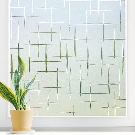 DOWELL Window Privacy Film Frosted Glass Window Film, Sun Blocking Non-Adhesive Glass Cling, Decorative Door Sticker, Self Static-Cling Tint Covering for Home Office, Cross Pattern 23.6" x 157.5"