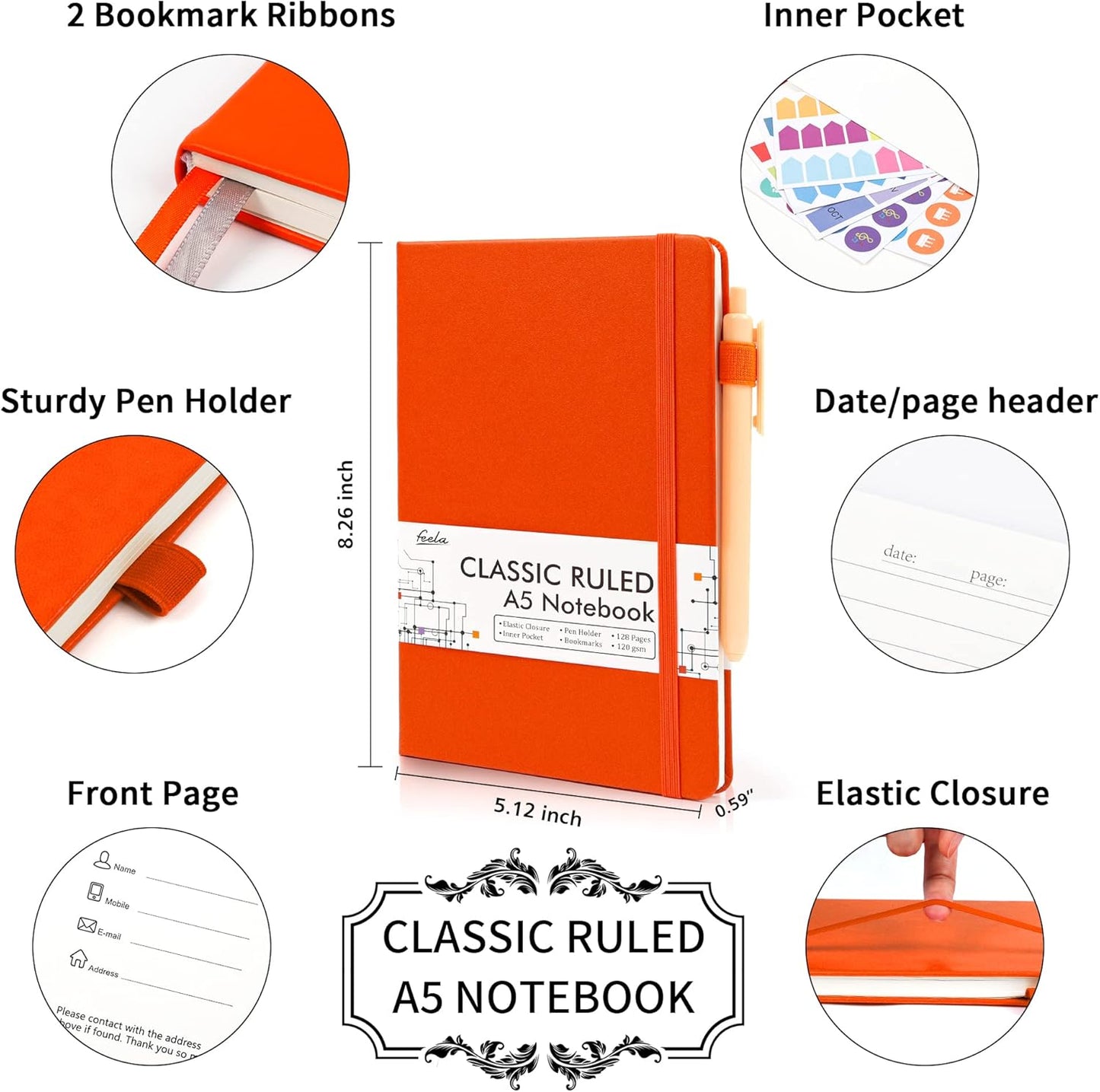 feela 24 Pack Journal Notebook for Work, Business Notebook Bulk Hardcover Lined Writing Journal with Pen Holder for Men Women Note Taking, with 24 Black Pens, 120 GSM, 5.1”x8.3”, A5, Orange