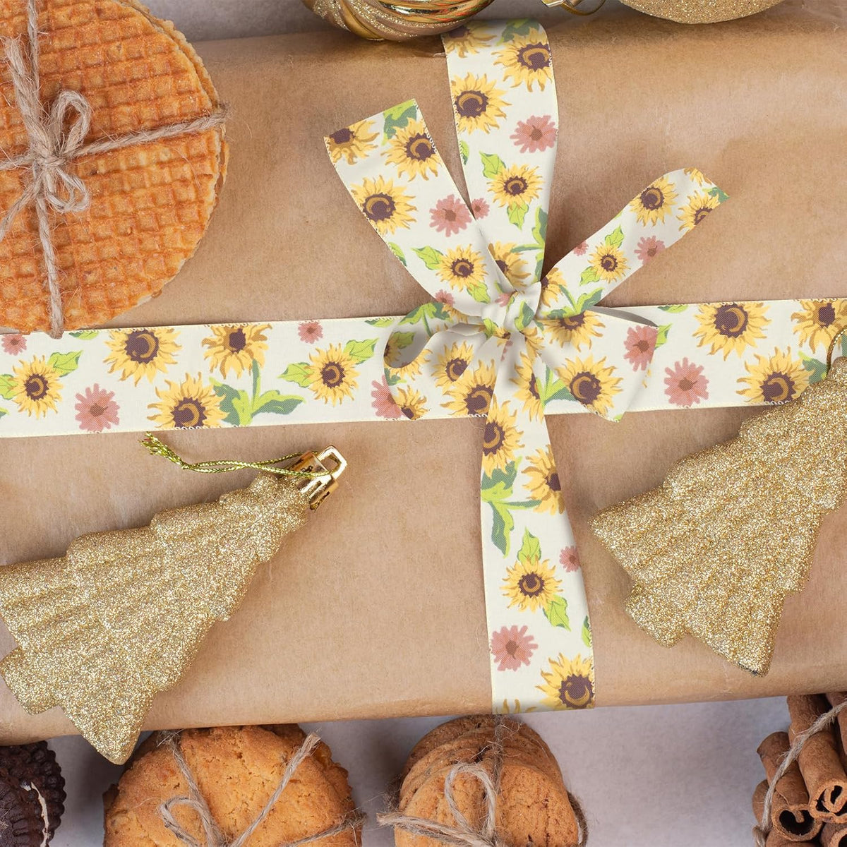 2 Rolls Fall Flowers Craft Ribbons for Wreath Bows, 2.5"×10 Yards Wired Edge Ribbon Rustic Flowers Lace Burlap Ribbons for Crafting Sewing Supplies
