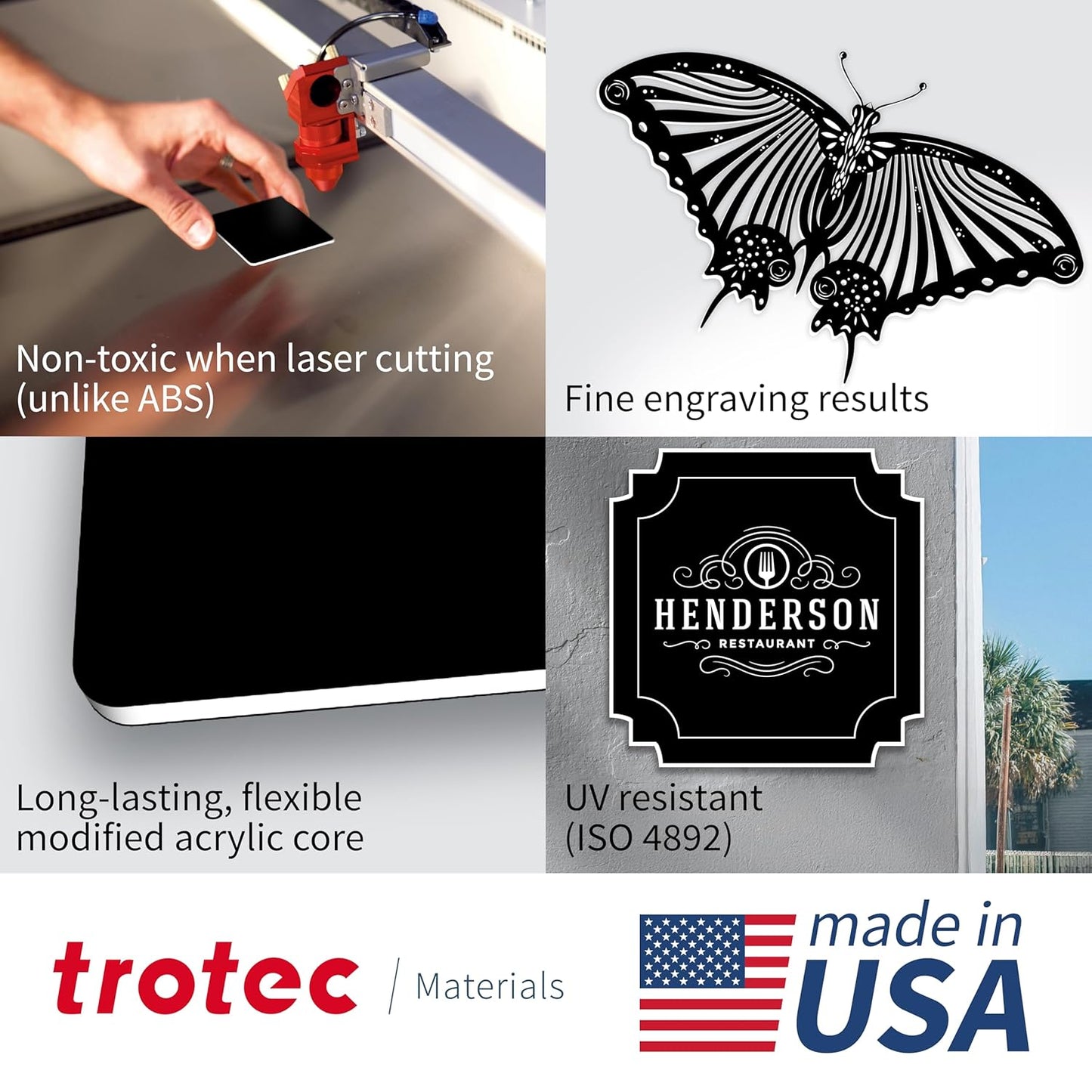 Trotec TroLase | 12"x20"x1/8", 4 Pcs | Black/White/Black | 3 Ply | Modified Acrylic | Laser Engraving Double Color Plastic Sheet | Engraving Blanks for Laser, Saw, Guillotine | Made in USA