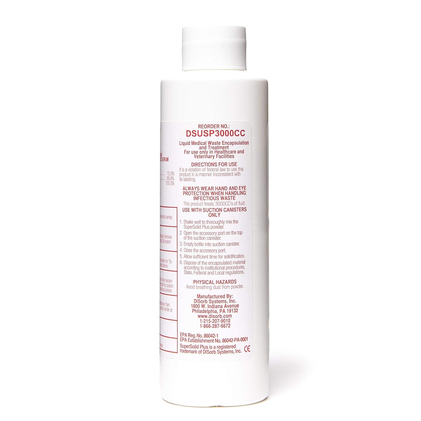 DiSorb Suction Canister Sterilizer Absorbent Powder - Absorbs Bodily Fluids & Blood - For Hospitals, Health Care Facilities, Veterinary Clinics - EPA Approved Solidifier - 3000cc -100 Bottles Per Case