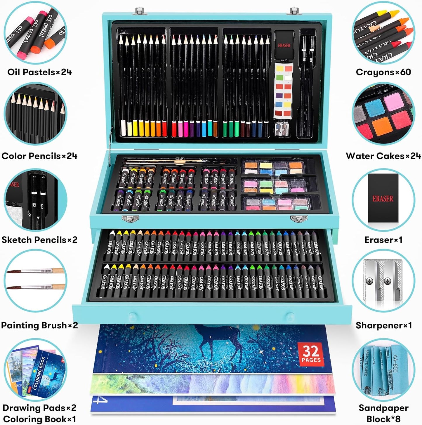 iBayam Arts and Crafts Gifts for Kids 6-14 Year Teens Boys Girls Christmas Gifts, 150-Pack Art Set Kits with 2 Sketch Pads, Coloring Book, 24 Colored Pencils, 24 Oil Pastels, 24 Watercolor, 60 Crayons