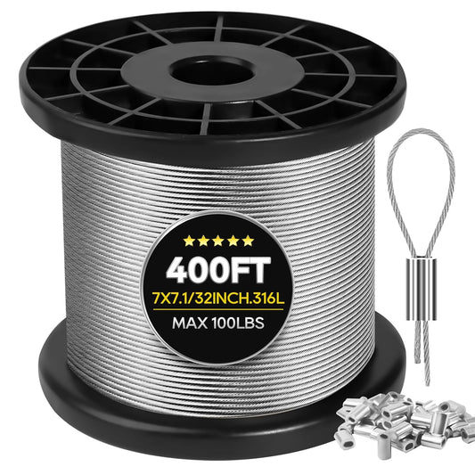 316 Stainless Steel Cable, 400FT 1/32IN Wire Rope 7 * 7 Strand with 100Pcs Aluminum Sleeves Stops, Guide Wire for Outdoor String Lights for String Lights Hanging, Clotheslines, Trellis (400FT)