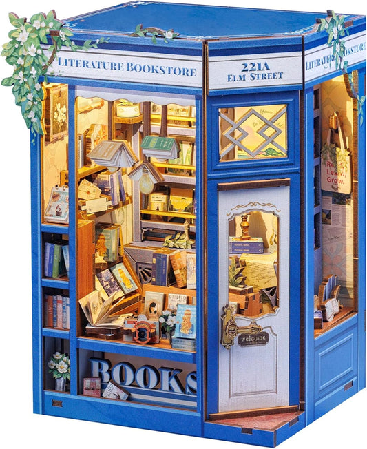 Cutefun Book Nook Kit - DIY Miniature Dollhouse Kit 3D Creative Decorative Bookend 3D Wooden Puzzle for Adults, Bookshelf Insert Library Decor with LED Light (Literature Bookstore)