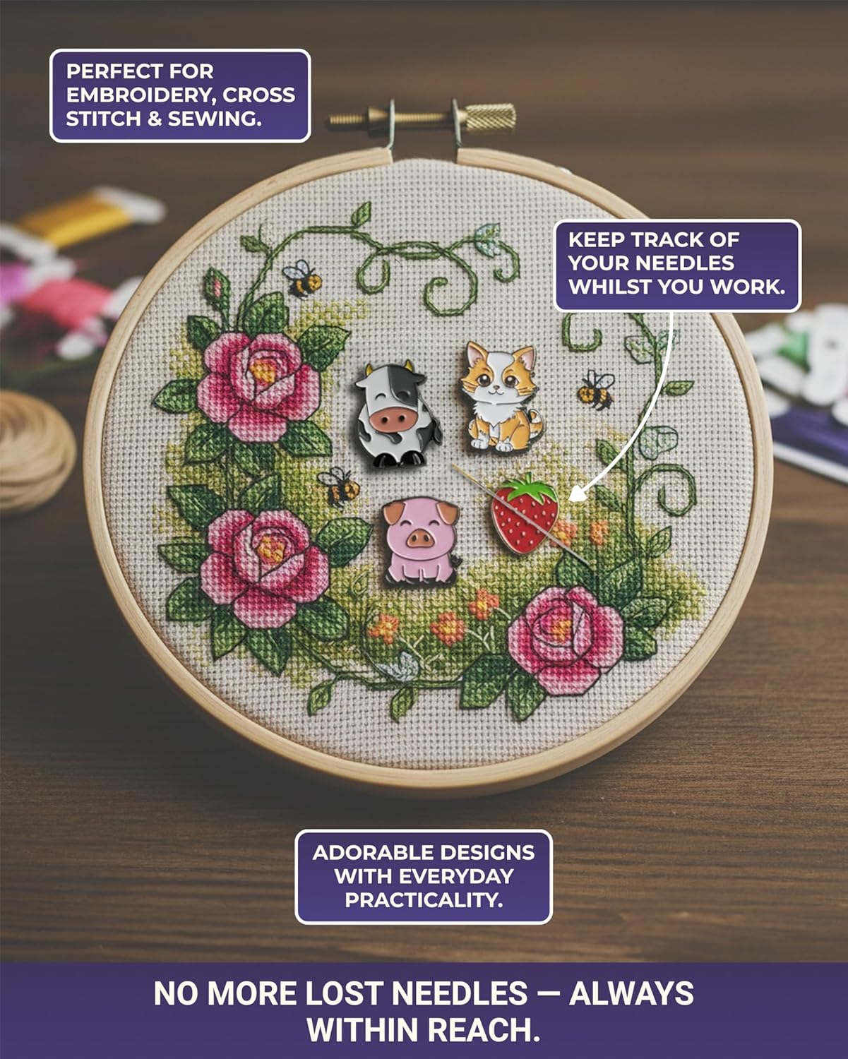 The Quilted Bear Needle Minder - Needle Minder Magnet for Keeping Sewing & Embroidery Needles, Cross Stitch Needles Safe - Stress Free Stitching Cross Stitch Supplies & Embroidery Supplies (Mushroom)