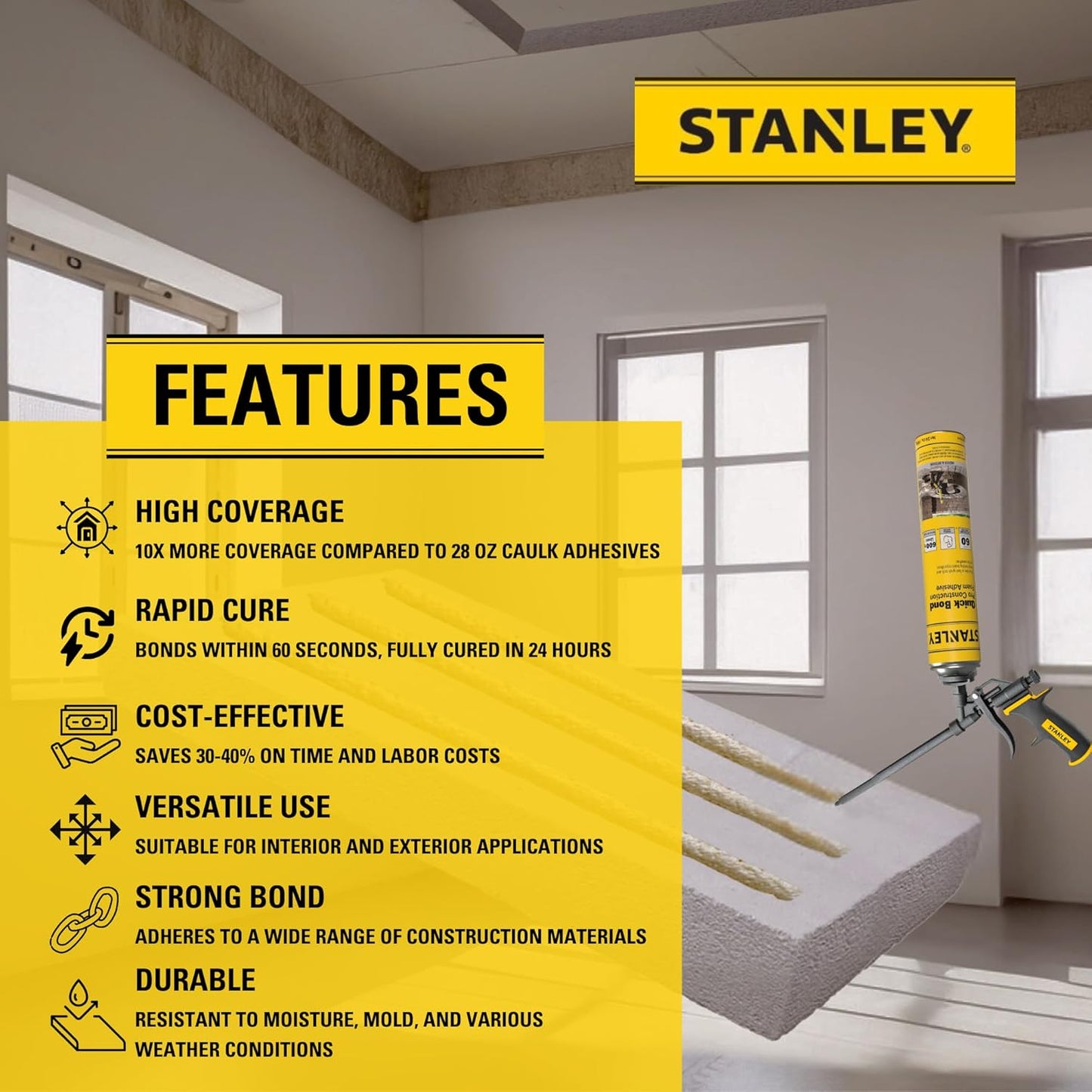 Stanley Quick Bond Adhesive Foam - 12x24oz, Reliable Bond Adhesive for Various Materials, Strong bonding, No Mixing, Gun Use, Including Gun, 2 Cleaners | 12 Pack