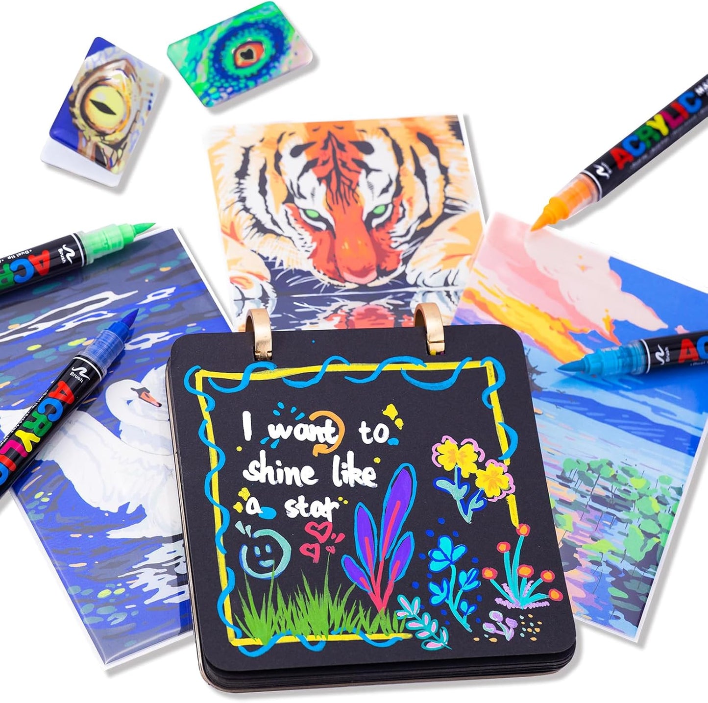 Guangna 60 Colors Acrylic Paint Markers, Dual Tip Paint Markers Pens Set with Soft Brush Tip, Multifunctional Fine Tip Markers for Wood, Canvas, Rock Painting,Glass,Diy Crafts Art Supplies, Waterproof