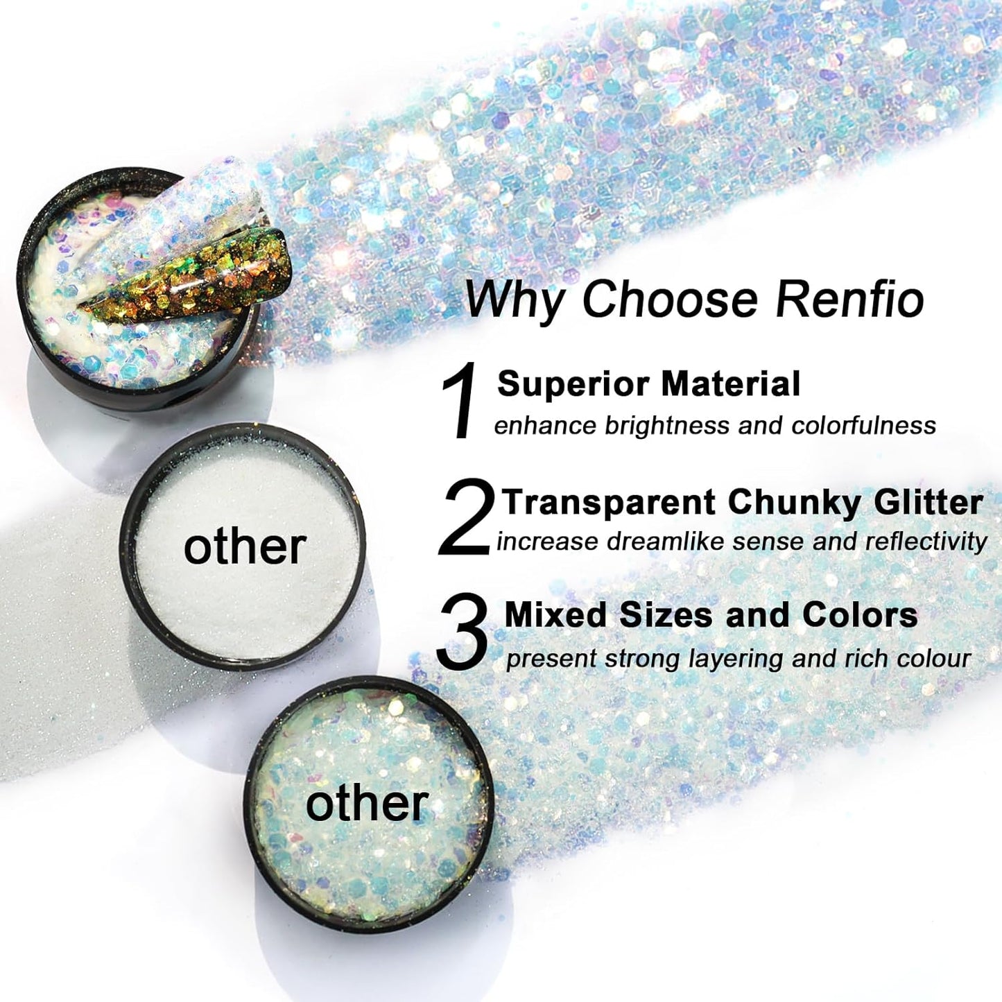 Renfio Opal Chunky Glitter, 1.75oz/50g Gold Glitter, Dreamy High Sparkle Glitter for Crafts Holographic Fine Glitter Mix Iridescent Glitters Flake for Resin Nails Art Hair DIY Snow - Golden Sunshine