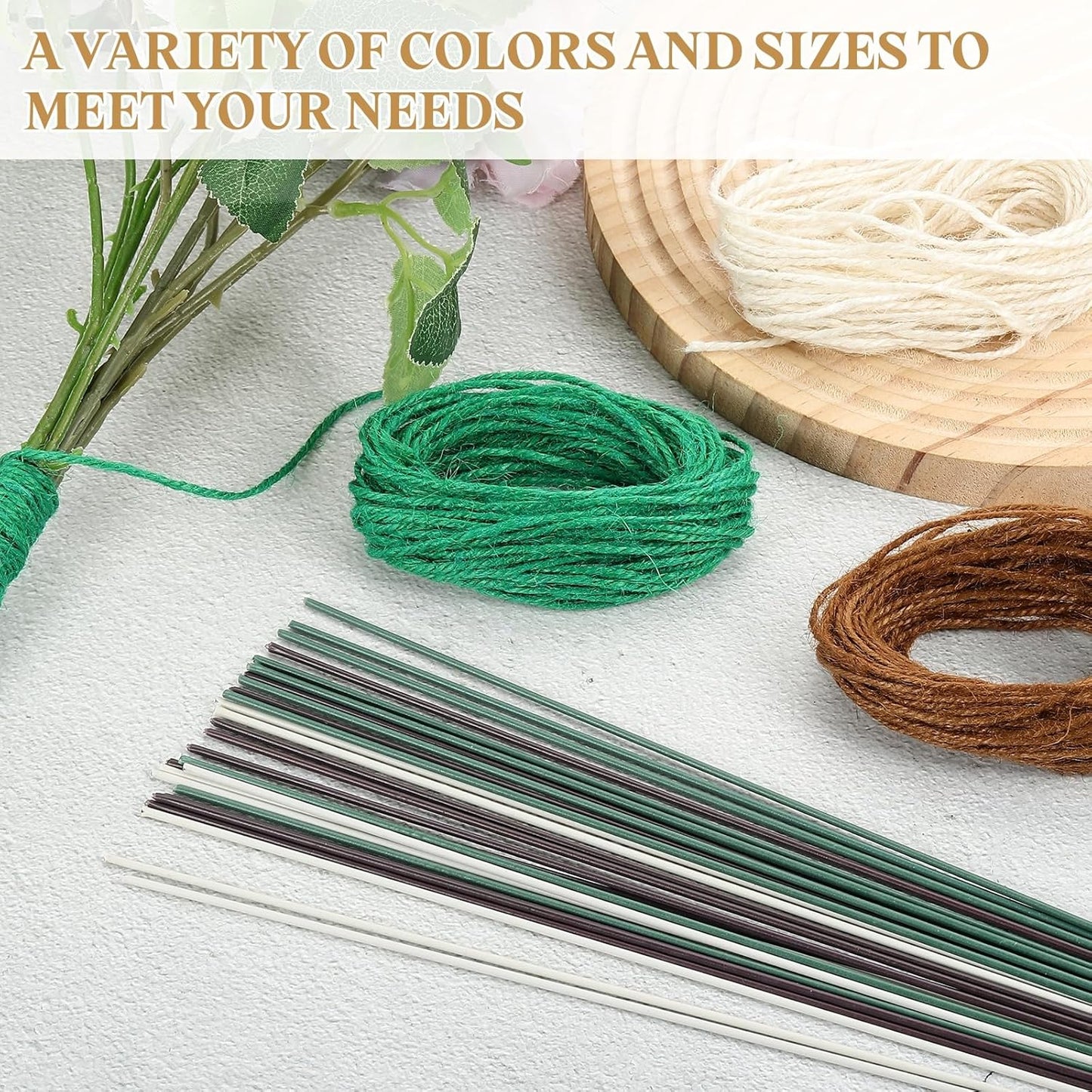 uxcell 50Pcs 2 Gauge Floral Wire, 11.81" Length Flower Stem Wires with 0.08" x 32.8ft Twine for Wreath Making, Flower Arrangement, Yellow