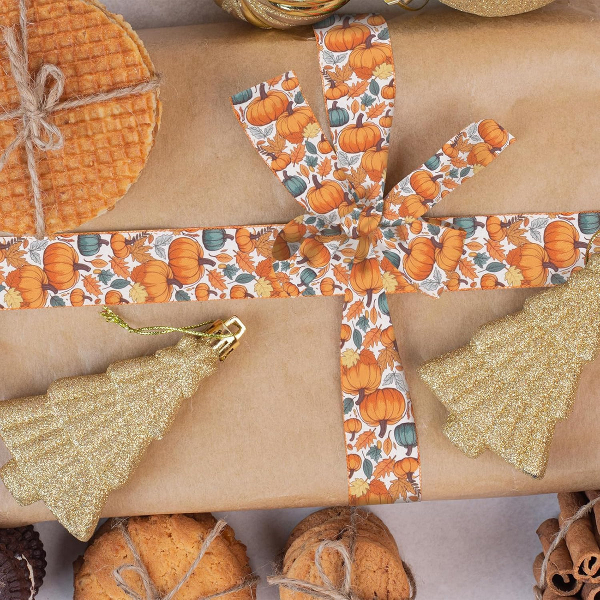 2 Rolls Fall Pumpkin Craft Ribbons for Wreath Bows, 2.5"×10 Yards Thanksgiving Wired Edge Ribbon Orange Burlap Autumn Leaves Wired Ribbons for Crafting Sewing Supplies