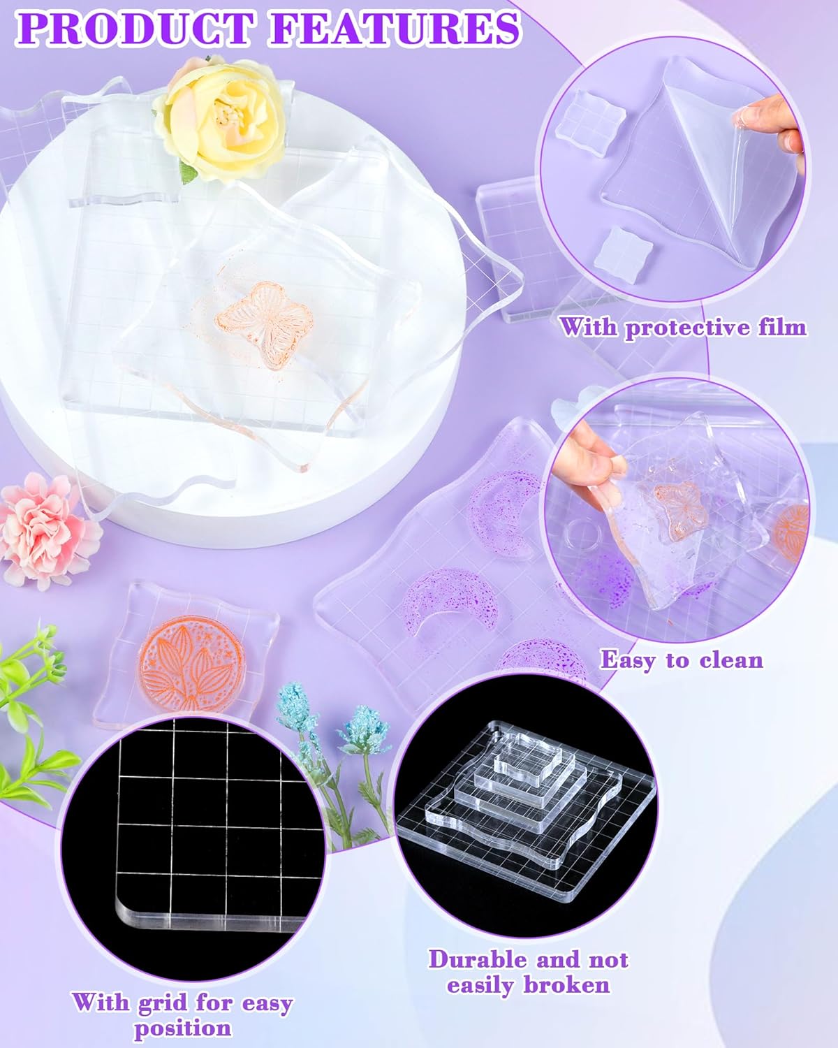 7 Pieces FIVEIZERO Acrylic Stamp Block, Assorted Sizes Clear Stamping Blocks Tools with Grid Lines for Scrapbooking Crafts Card Making and Decorative DIY Essential Stamping Tool(Straight Edge)