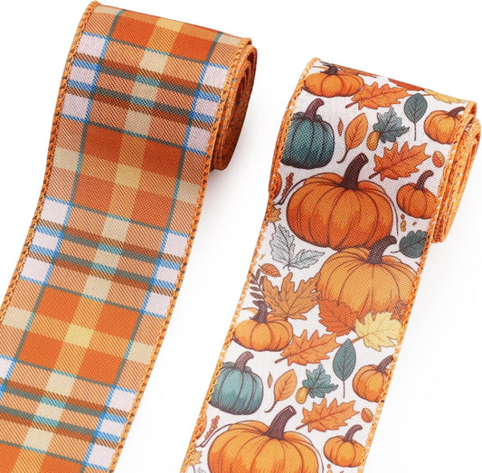 2 Rolls Fall Pumpkin Craft Ribbons for Wreath Bows, 2.5"×10 Yards Thanksgiving Wired Edge Ribbon Orange Burlap Autumn Leaves Wired Ribbons for Crafting Sewing Supplies