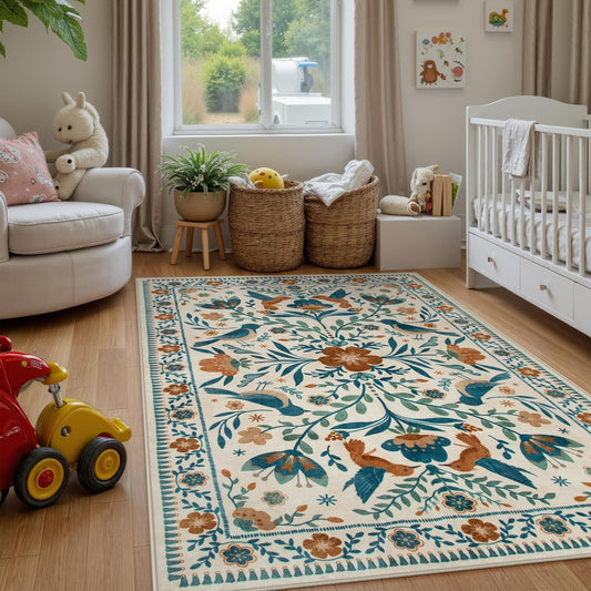 Morebes Floral Washable 5x7 Nursery Rug, Boho Insect Living Room Rug Non Slip, Vintage Jungle Bird Rug for Bedroom, Indoor Plant Floor Carpet for Playroom Foyer, Beige/Multi