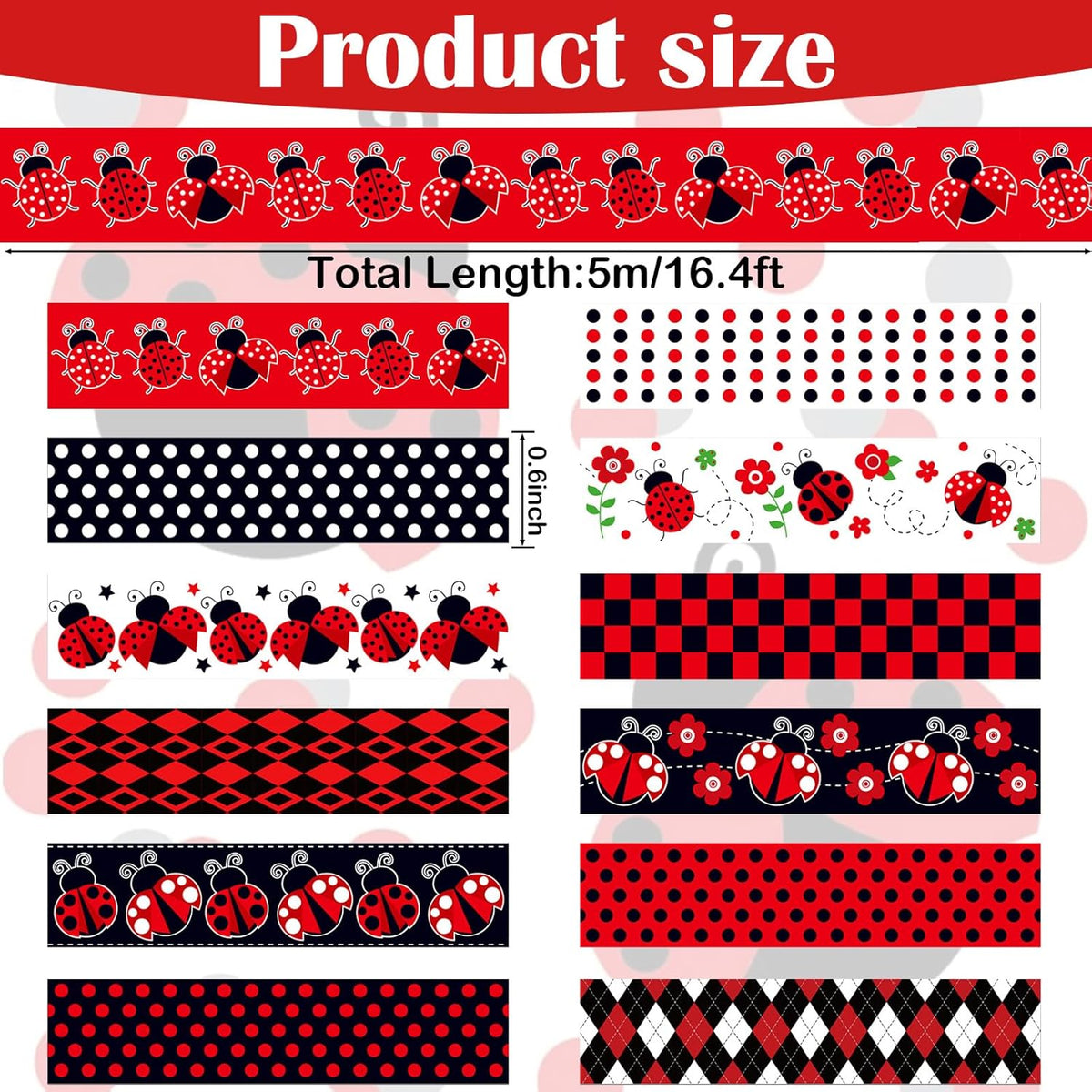 12 Rolls Insect Washi Tape, Seven Star Ladybug Masking Tape, Red Black Spots Decorative Tape for Journaling, Scrapbooking, DIY Crafts, Planner, Gift Wrapping, 16.4FT