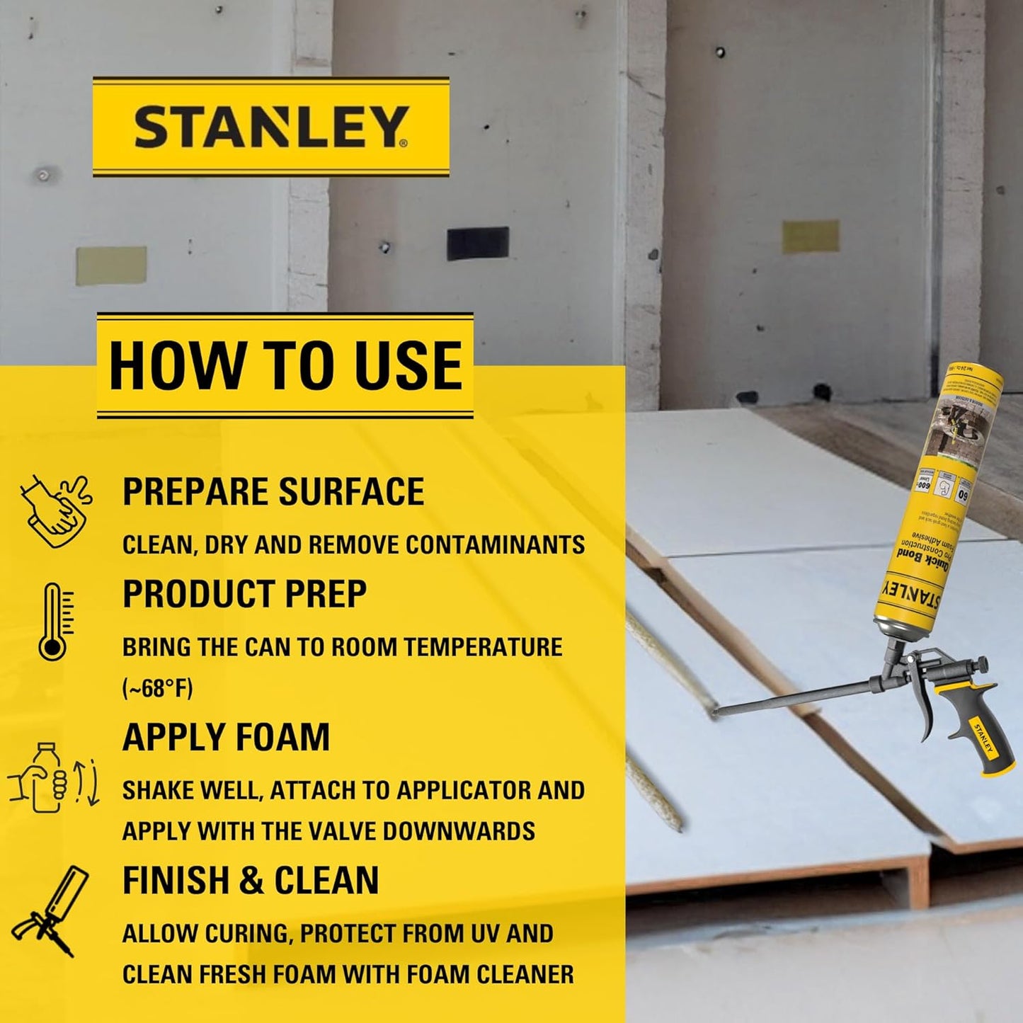 Stanley Quick Bond Adhesive Foam - 12x24oz, Reliable Bond Adhesive for Various Materials, Strong bonding, No Mixing, Gun Use, Including Gun, 2 Cleaners | 12 Pack