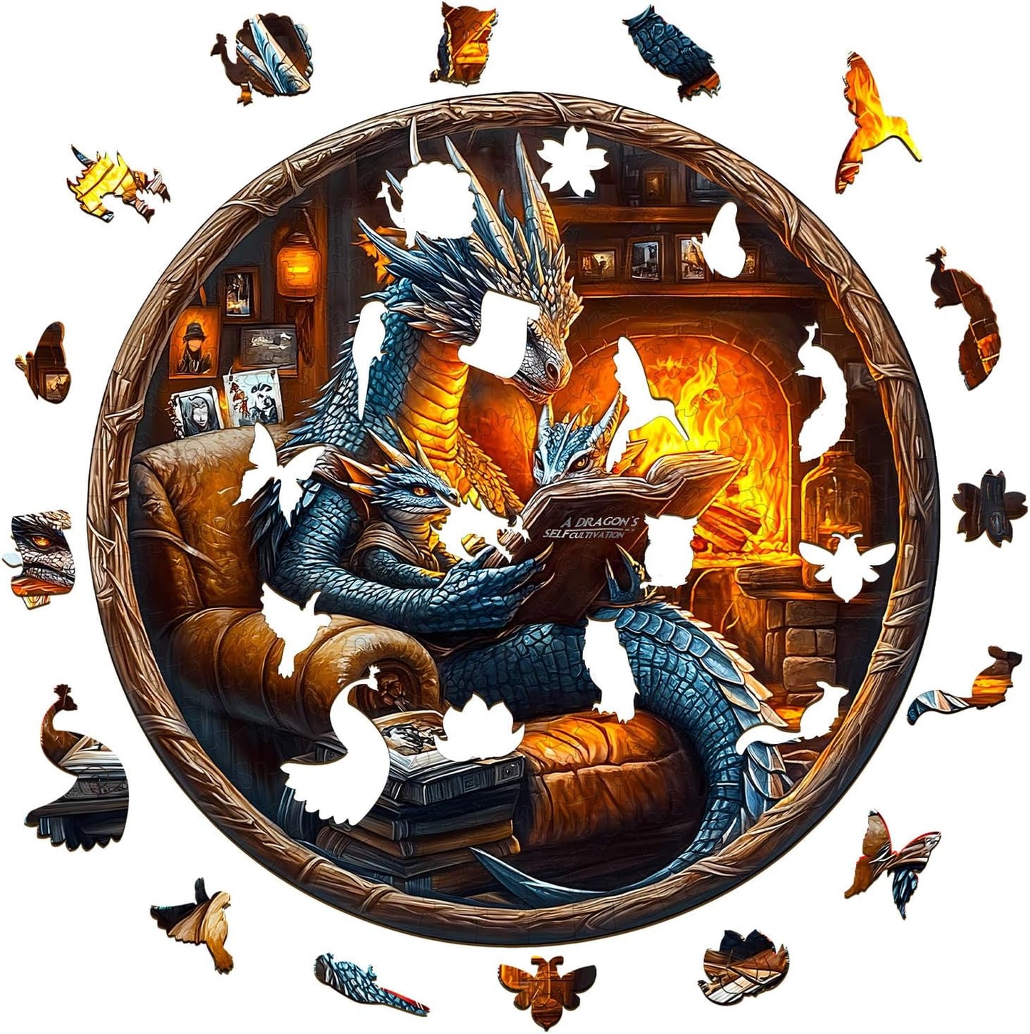 KAAYEE Wooden Puzzles for Adults, 3D Visual Effect Dragon Family Night Reading Wooden Jigsaw Puzzle Unique Shape Wood Puzzle Adult, 3D Effect Flat Puzzle Birthday Family Games (M-11.4*11.4 in-195pcs)