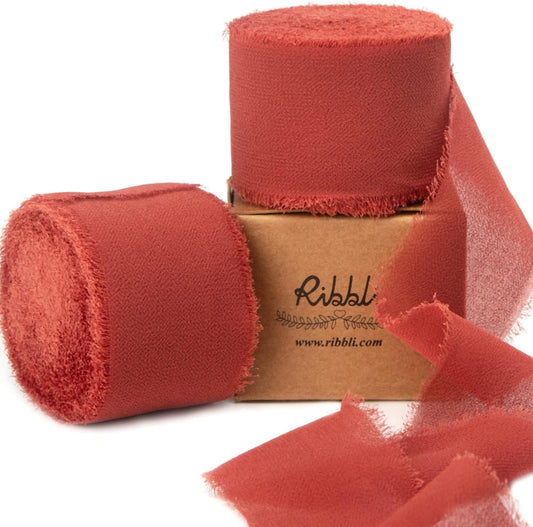 Ribbli Rust Red Chiffon Ribbon 1-1/2 inch x 20 Yard Handmade Fringe Chiffon Silk Ribbon for Wedding Invitations, Bridal Bouquets Wrapping, Flower Arrangement Decoration