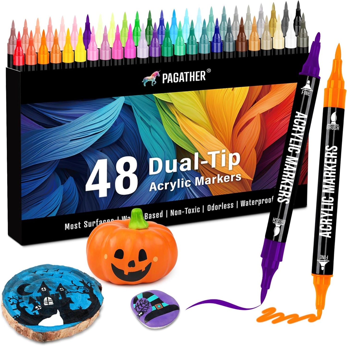 48 Colors Acrylic Paint Markers, Dual Tip with Fine Tip and Brush Tip Pens for Stone, Wood, Calligraphy, Canvas, Ceramic, Metal, Glass, Rock Painting, DIY Crafts