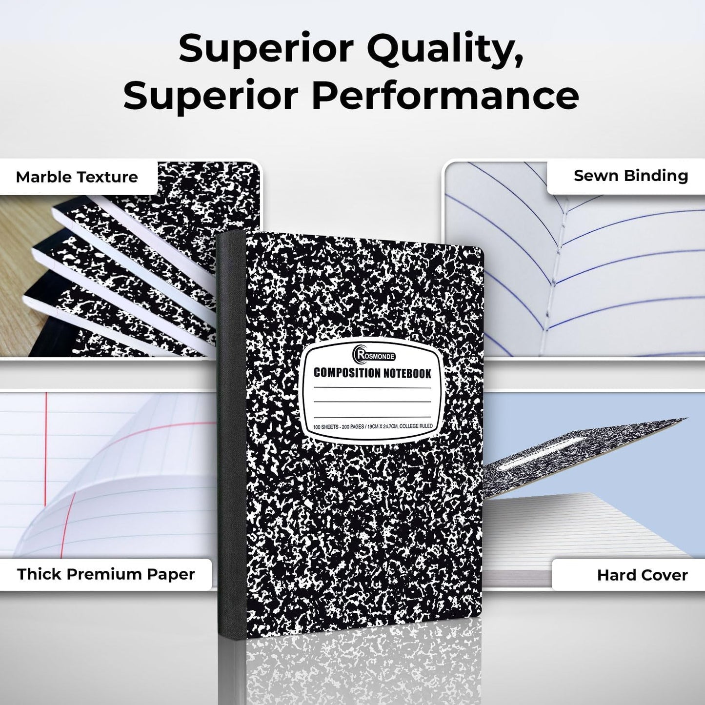 Rosmonde 5000 Pack (Pallet) Composition Notebooks Bulk, College Ruled, 200 Pages (100 Sheets), 9-3/4 x 7-1/2, Bulk Supplies for School Districts, Black Marble Notebook, 4-7 Days Transit