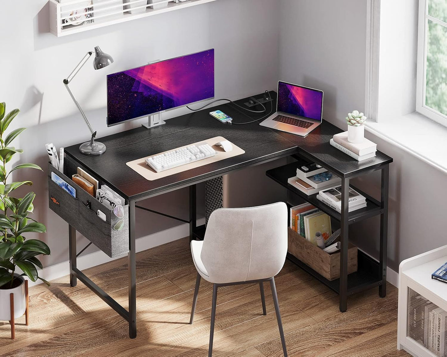 ODK 40 Inch Small L Shaped Gaming Computer Desk with Power Outlets, Reversible Storage Shelves & PC Stand for Home Office, Simple Writing Study Table with Storage Bag for Small Space, Black